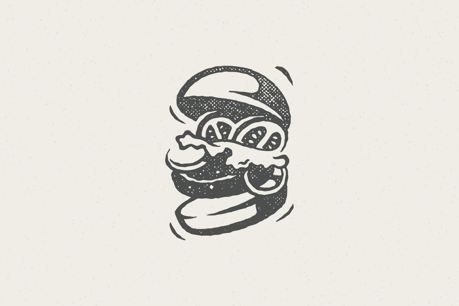 Burger silhouette as logo fast food service hand drawn stamp effect illustration. vector