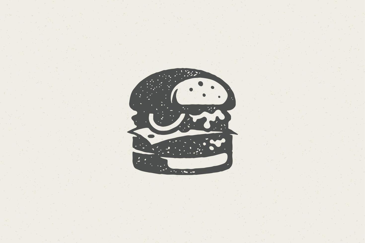 Big burger silhouette as logo fast food service hand drawn stamp effect illustration. vector