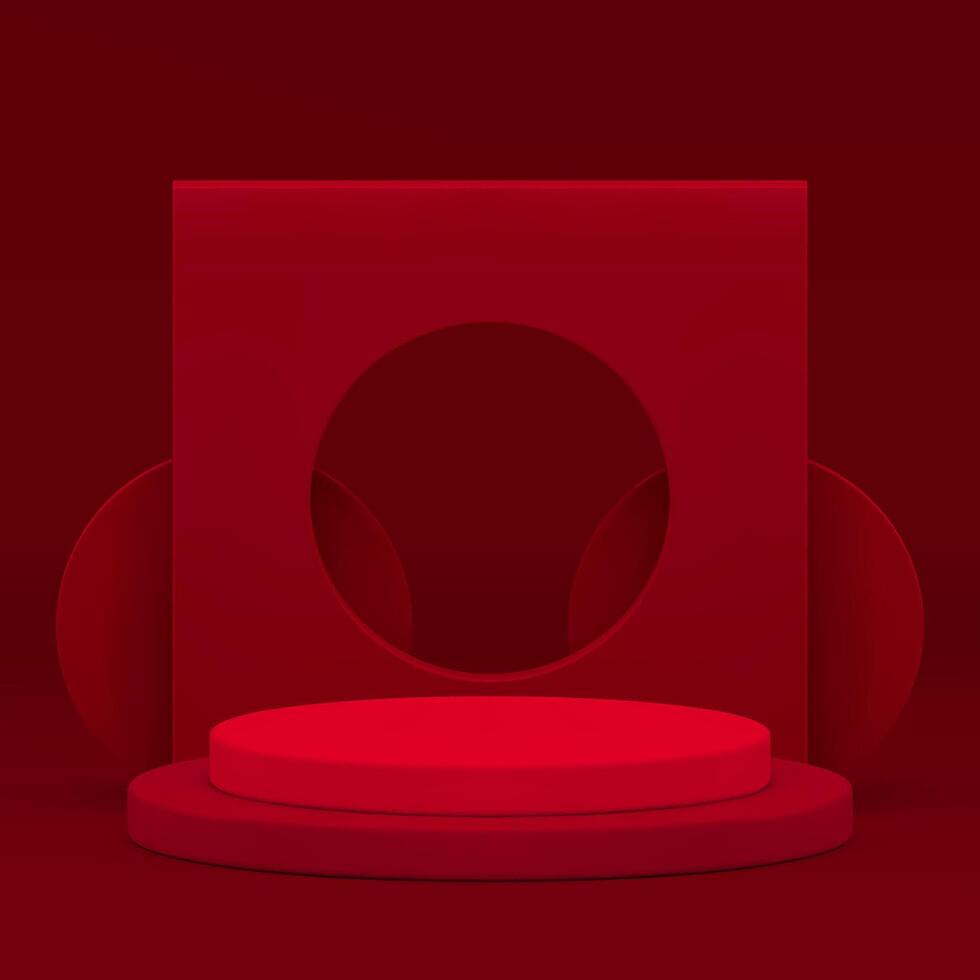 Red fashion 3d podium pedestal with squared frame hole wall background realistic vector