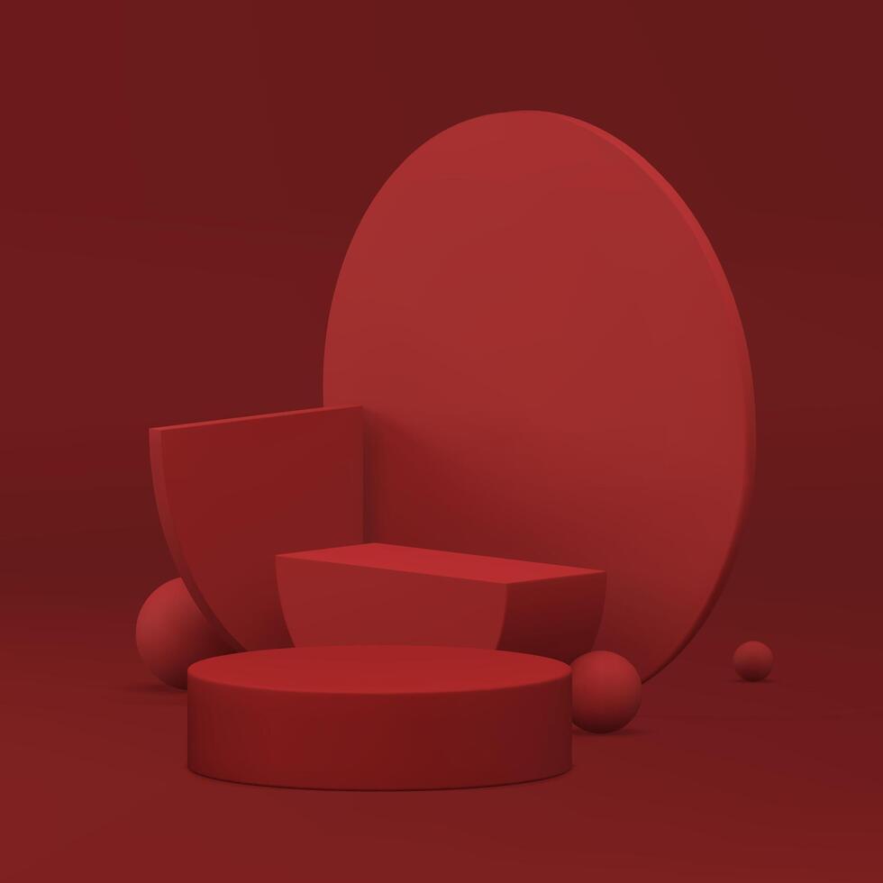 Red 3d showcase geometric display mock up for cosmetic product show realistic vector
