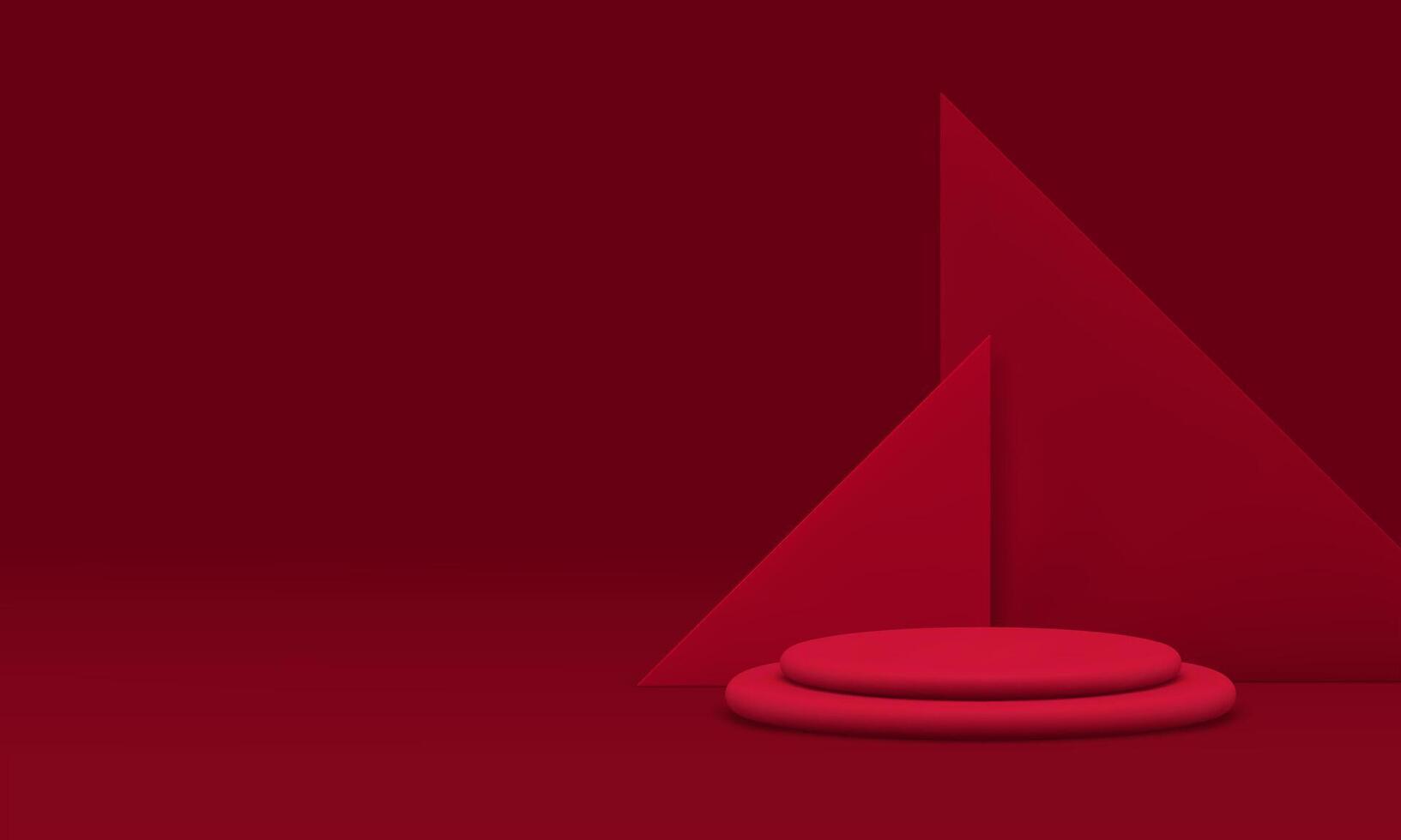 Red 3d cylinder podium pedestal with triangle wall background realistic illustration vector