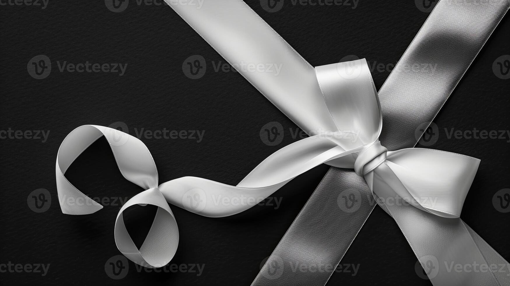 Top view flat lay of white ribbon bow on black background. Minimalist elegance concept. photo