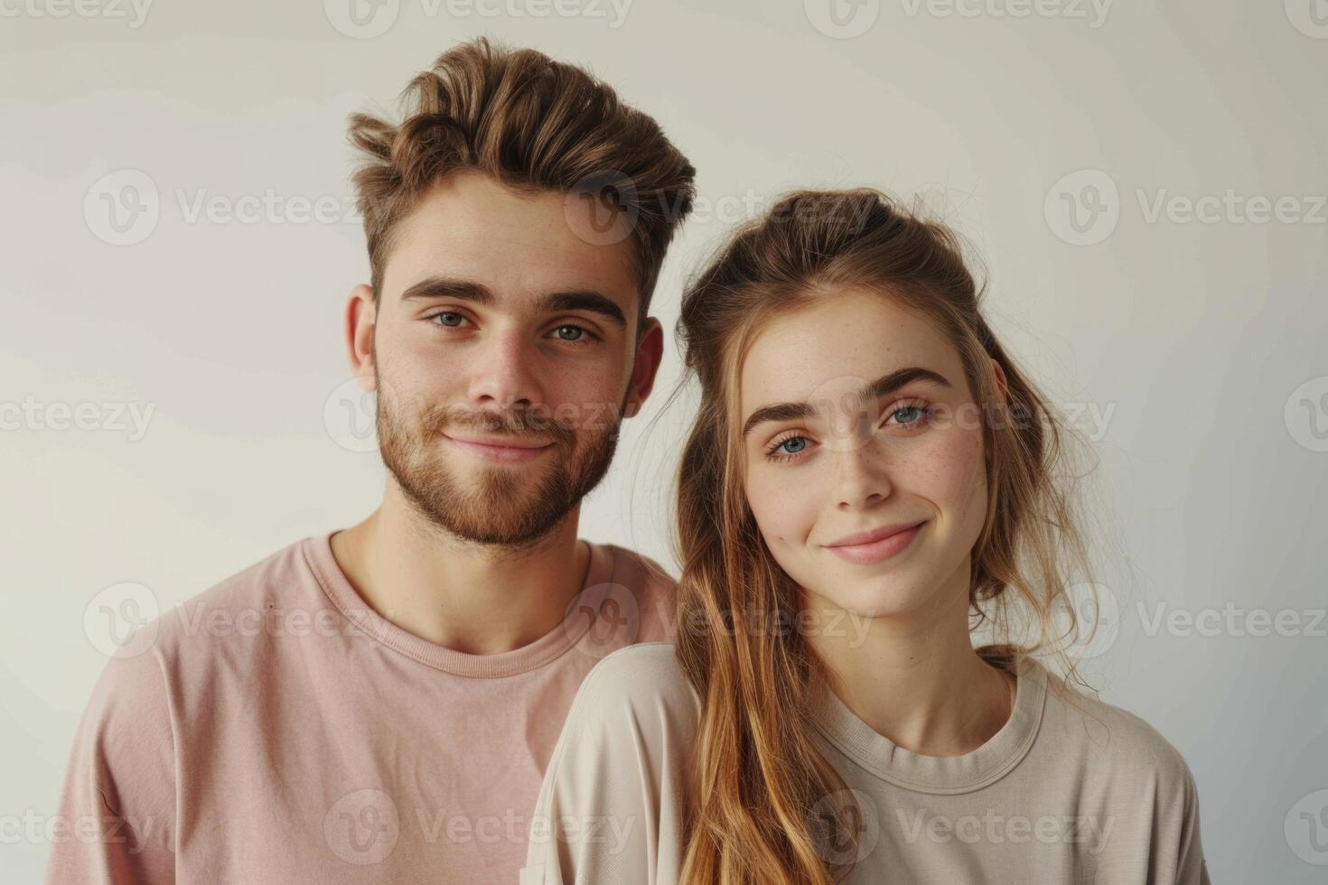 Portrait Of Happy Young Loving Couple Looking At Camera Isolated On White Background photo