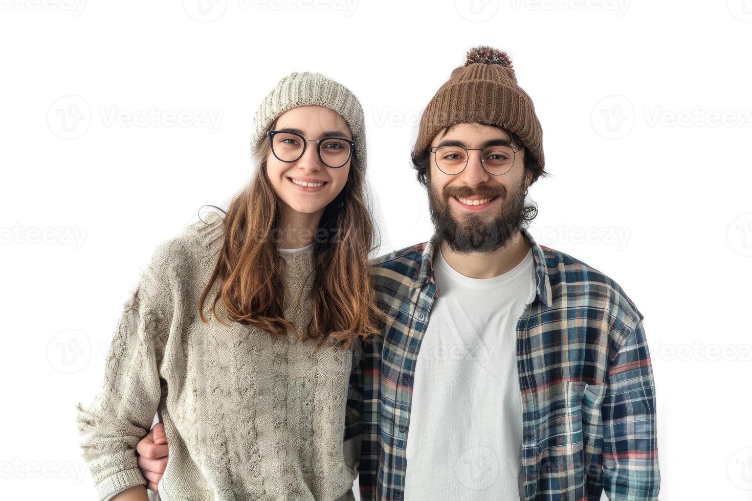 Cheerful young couple standing on white background isolated photo