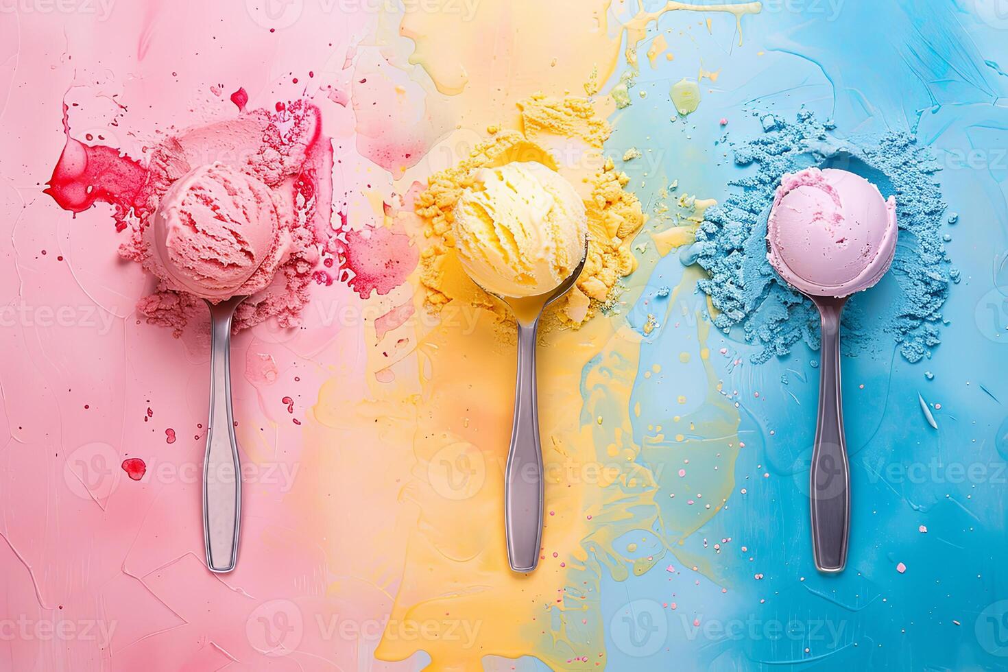 Top view of colorful ice cream scoop balls on various background colors, vibrant and delicious photo