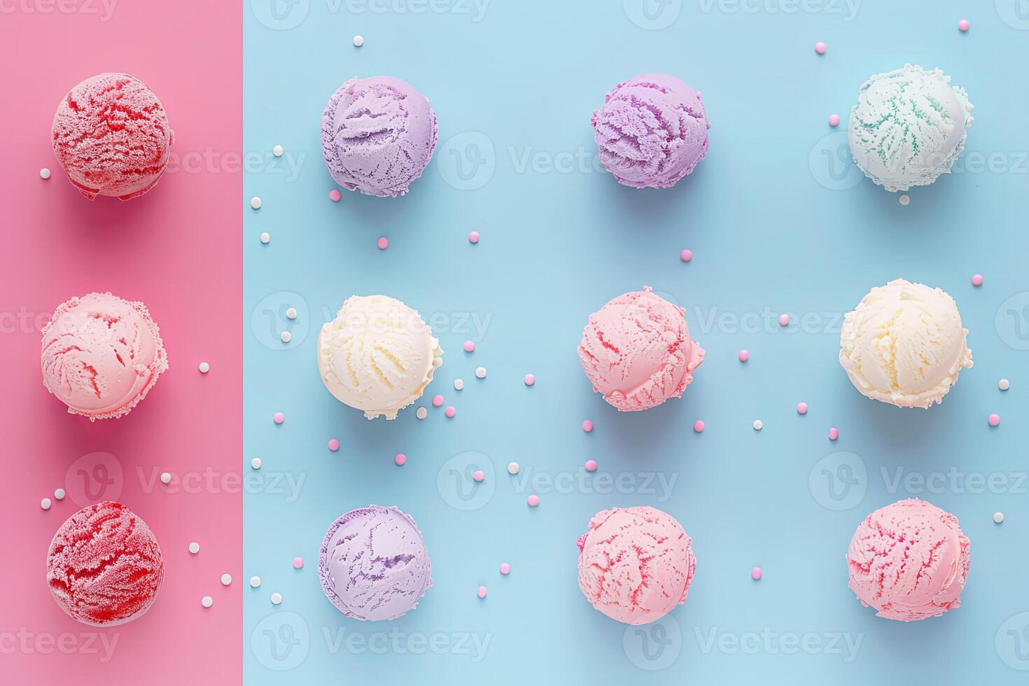 Top view of assorted ice cream scoop balls on various colored backgrounds, vibrant and tempting photo