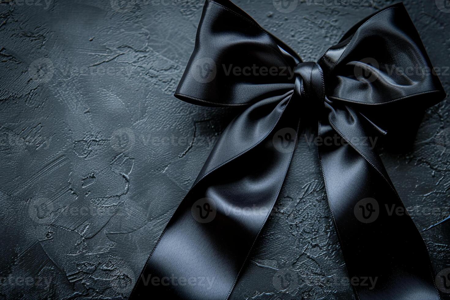 Black satin ribbon bow arranged in top view on dark background. Gothic-inspired design feature. photo