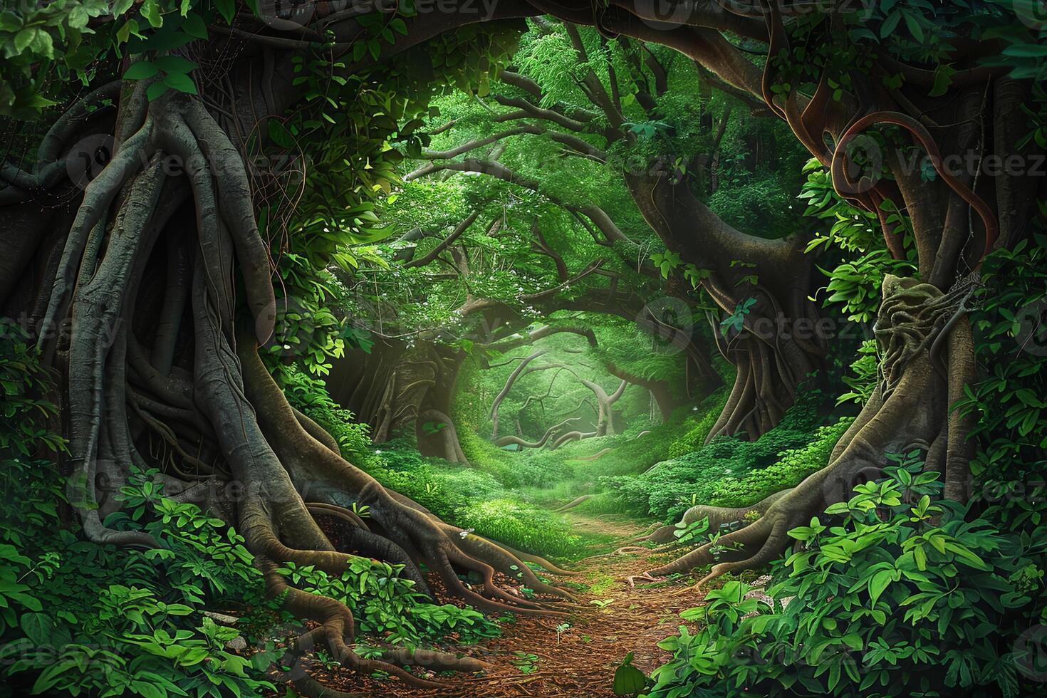 Magical forest with winding paths. Enchanting fantasy landscape. photo