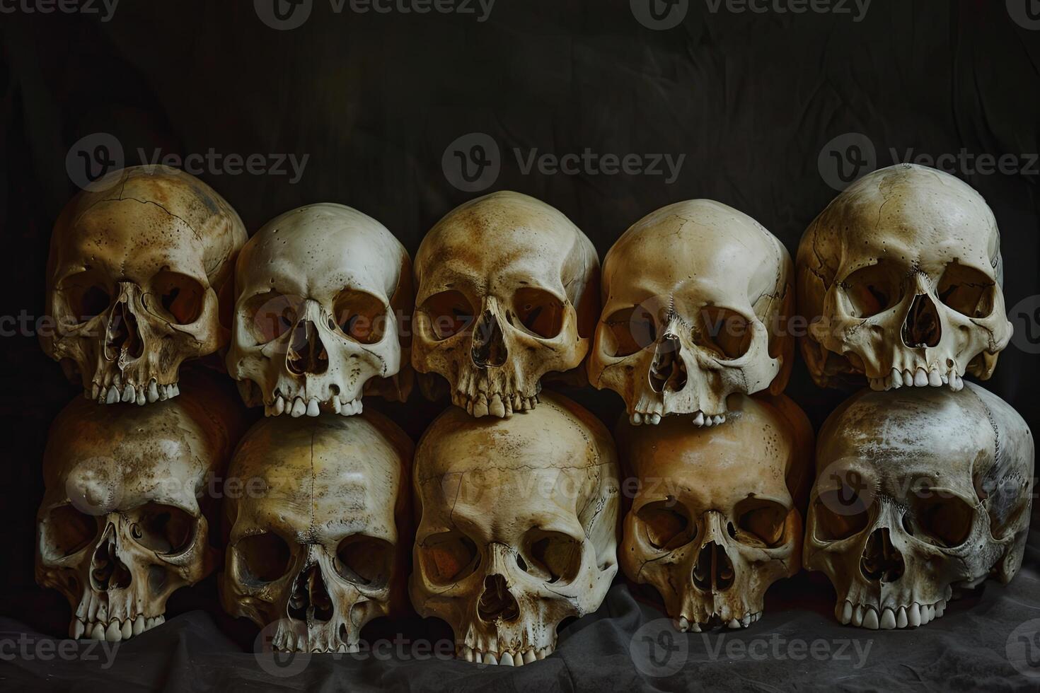 Balanced skulls and bones in harmonious still life with reflection. Dark artistic concept. photo