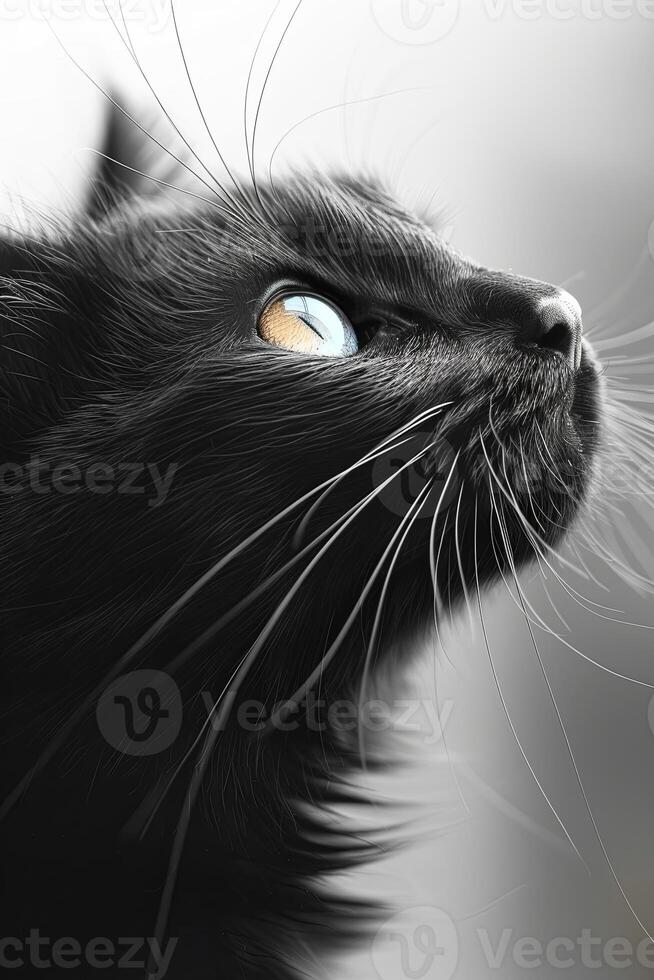 Animated grayscale and color drawing of a playful black cat. Dynamic feline art photo