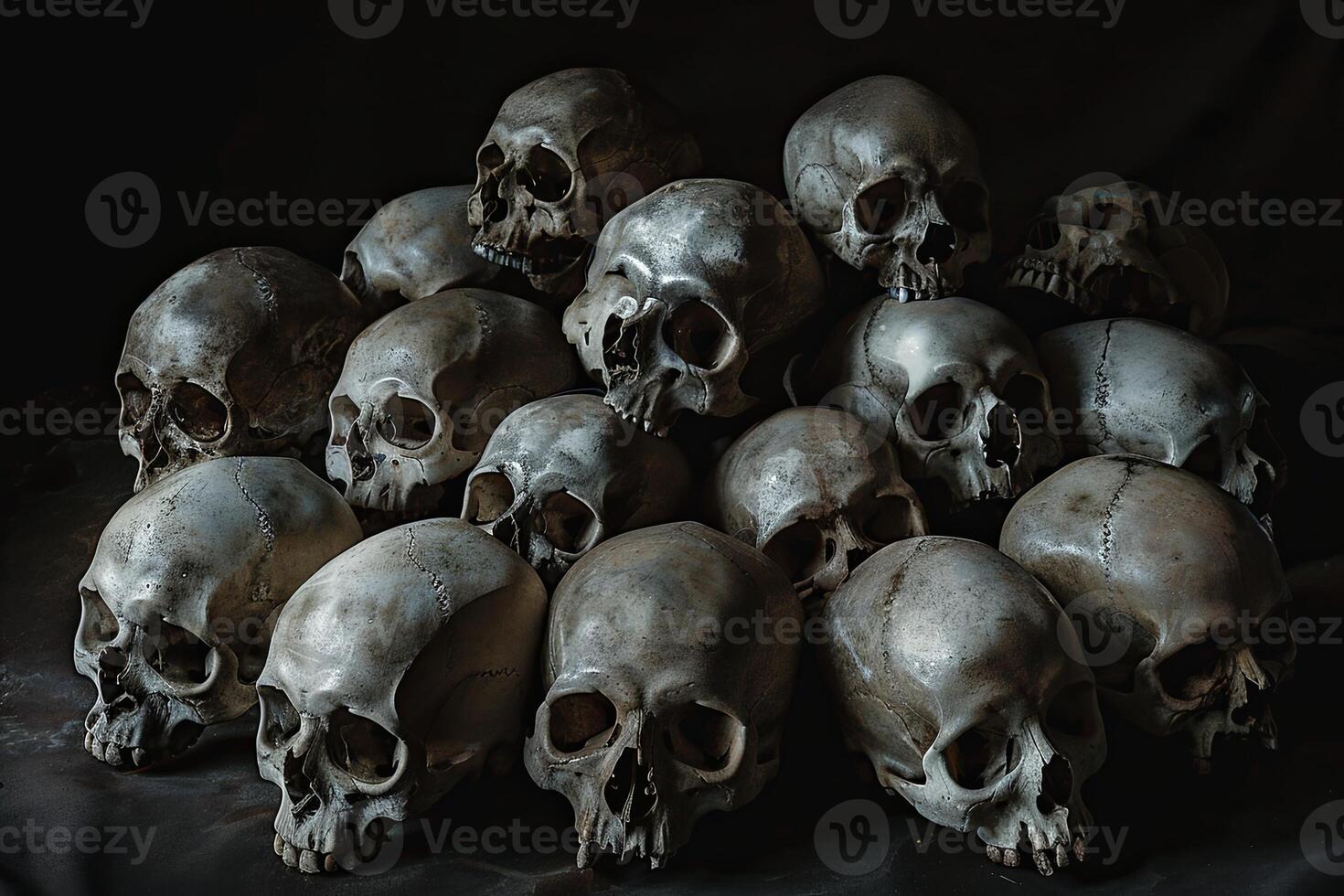 Dark artistic still life with balanced skulls and bones reflecting. Macabre concept. photo