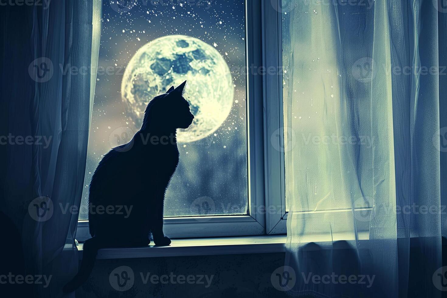 Lone black cat on moonlit windowsill against starry sky. Captivating, mysterious ambiance. photo