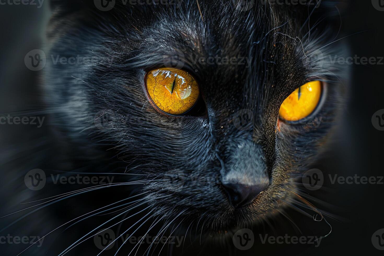 Black cat with striking yellow eyes on a dark background for a mysterious atmosphere photo