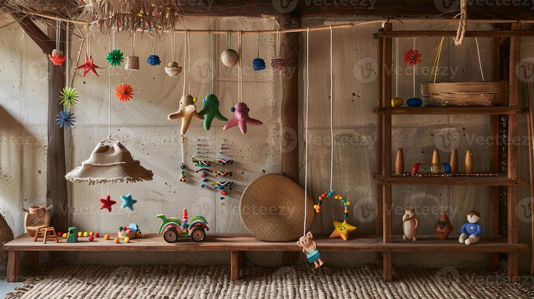 Capturing nostalgia Traditional toys arranged gracefully on woven mat symbolize timeless charm photo