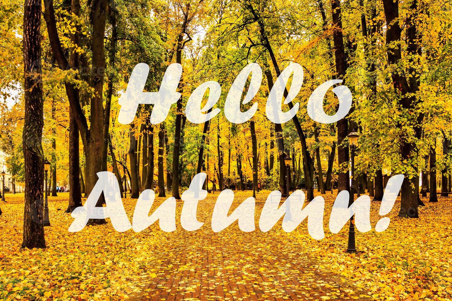 The words Hello Autumn on the background of autumnal city park with trees with golden leaves. Greeting card. The concept of the beginning of autumn. photo