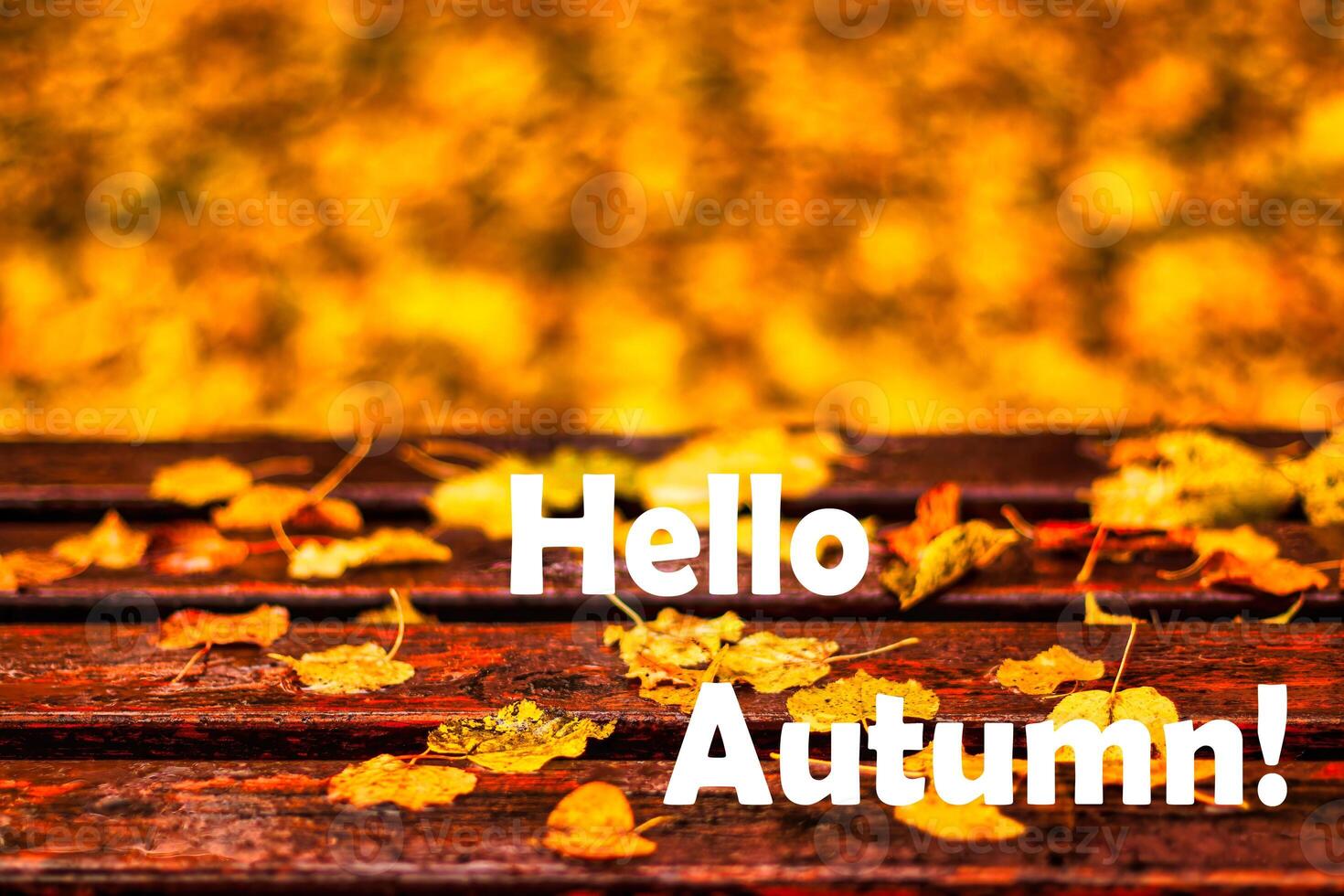 The words Hello Autumn on the background of bench with golden fallen leaves. Greeting card. The concept of the beginning of autumn. photo