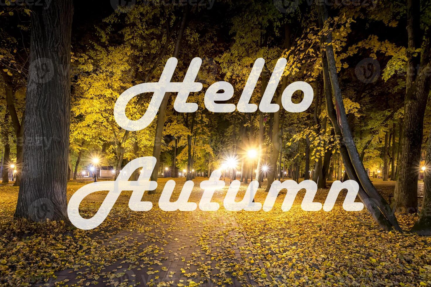 The words Hello Autumn on the background of night city park with fallen leaves and trees. Greeting card. The concept of the beginning of autumn. photo