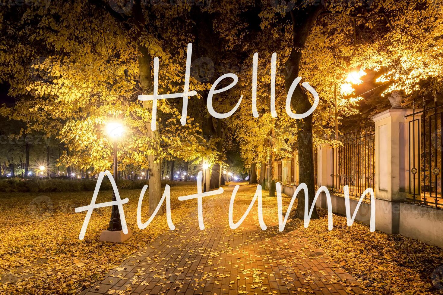 The words Hello Autumn on the background of night city park with fallen leaves and trees. Greeting card. The concept of the beginning of autumn. photo