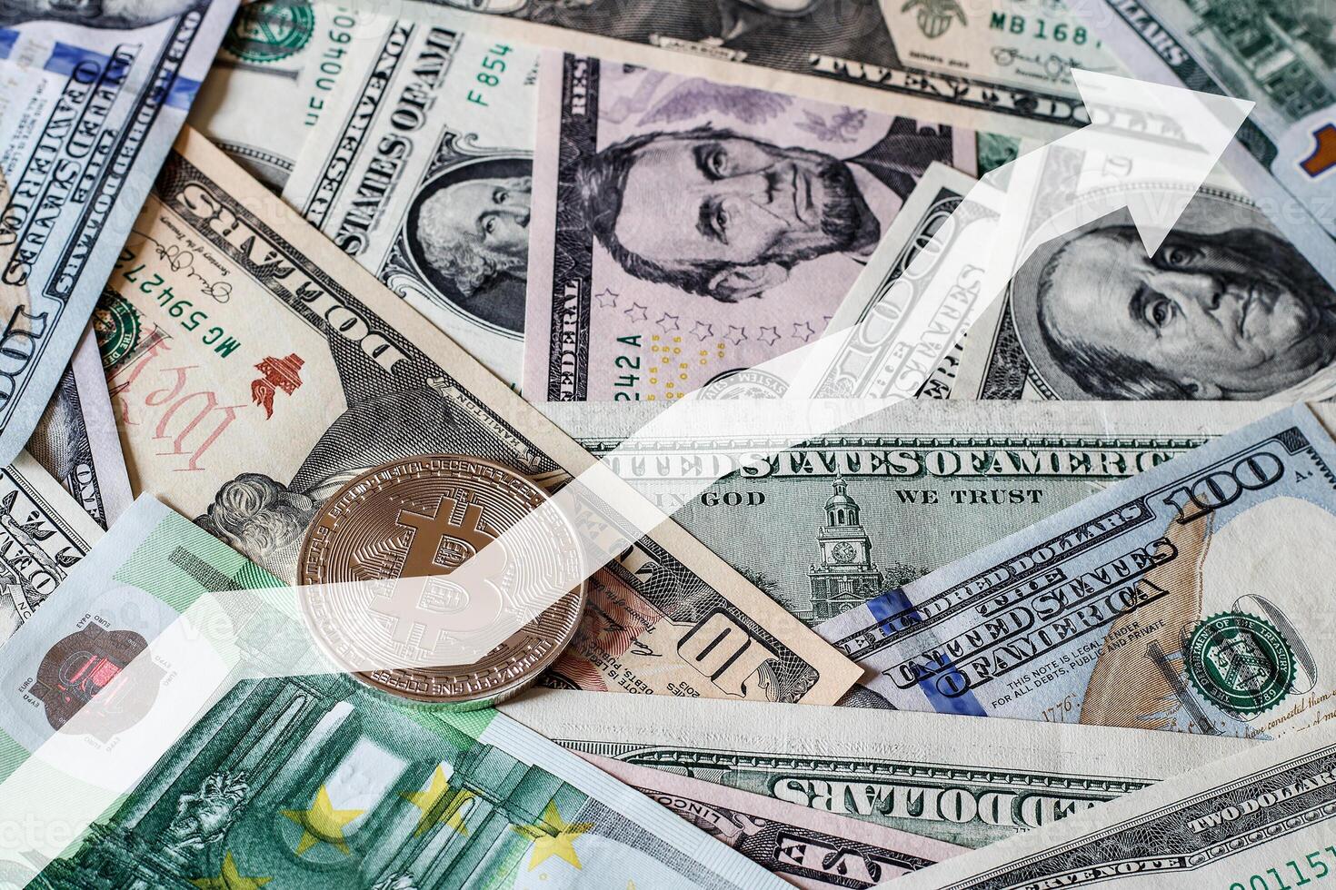 Bitcoin and dollar and euro bills. BTC market symbol cryptocurrency rising above the united states dollar and euros. photo