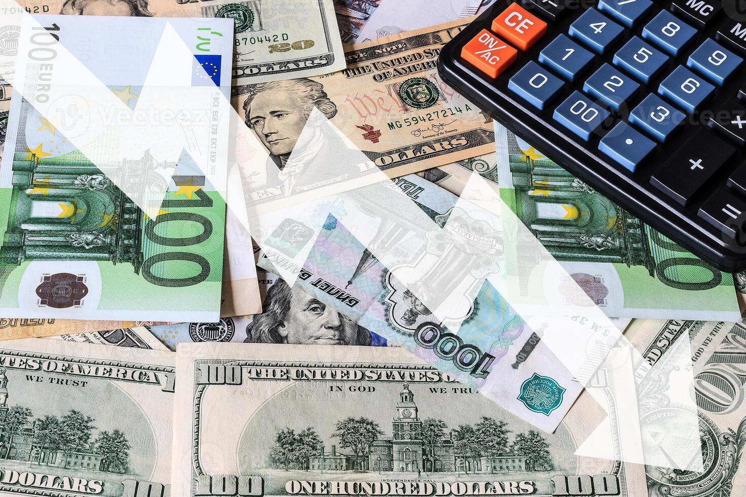 Dollar and ruble bils and black calculator. photo