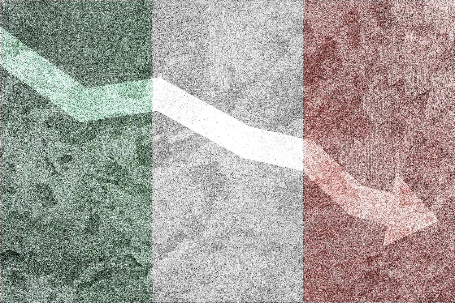 Arrow down on the background of the Italia flag. The concept of economic recession, depression and crisis. photo