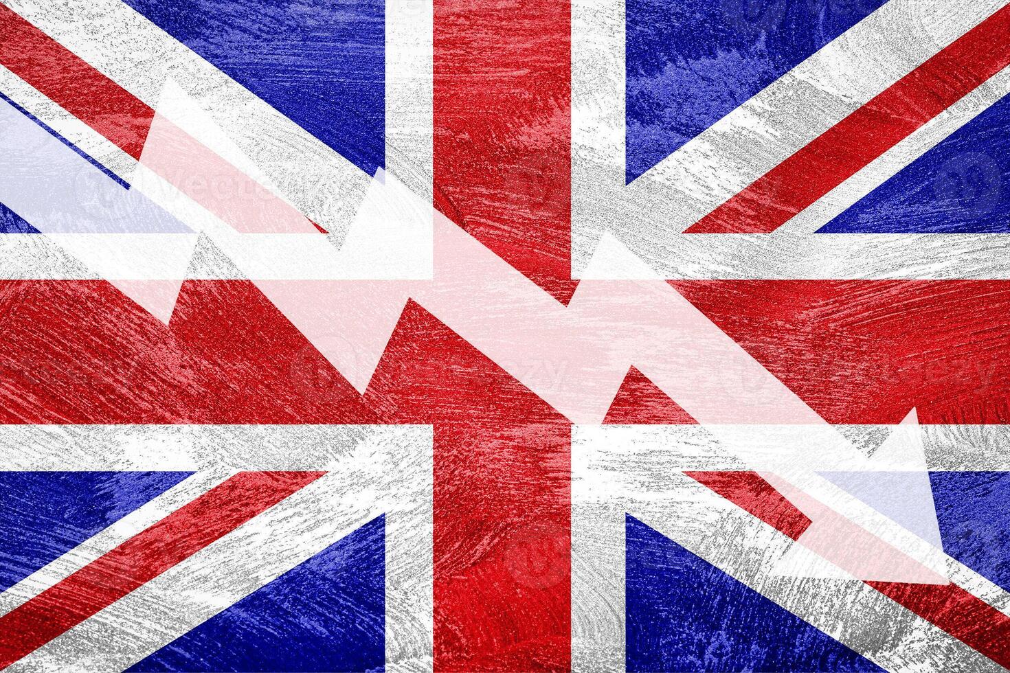 Arrow down on the background of the Great Britain flag. The concept of economic recession, depression and crisis. photo