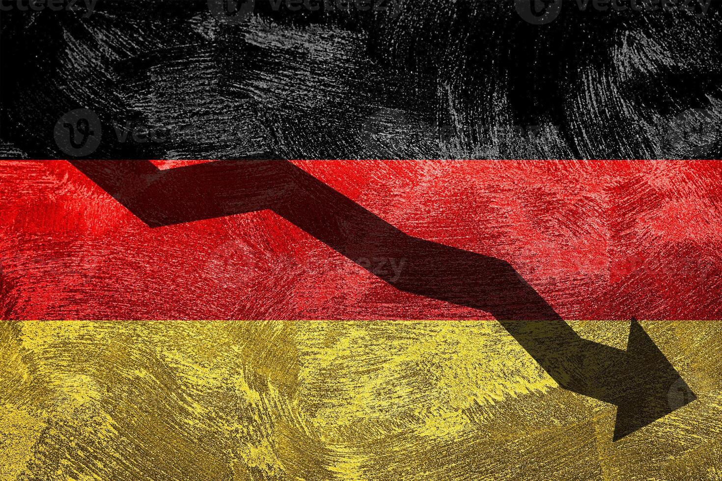 Arrow down on the background of the Germany flag. The concept of economic recession, depression and crisis. photo