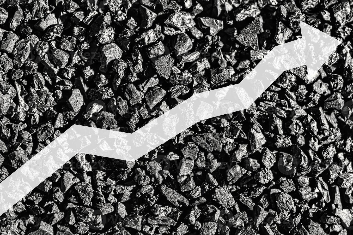 Arrow up on coal background. The concept of price growth, mining, import, export, production or sales of coal. photo