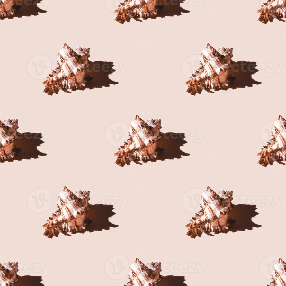 Seamless pattern of clam shells on a pastel orange background. photo