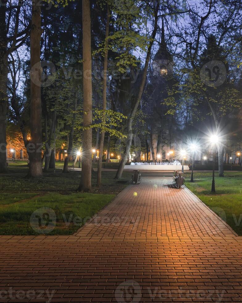 City night park in summer with pavement and lanterns. photo