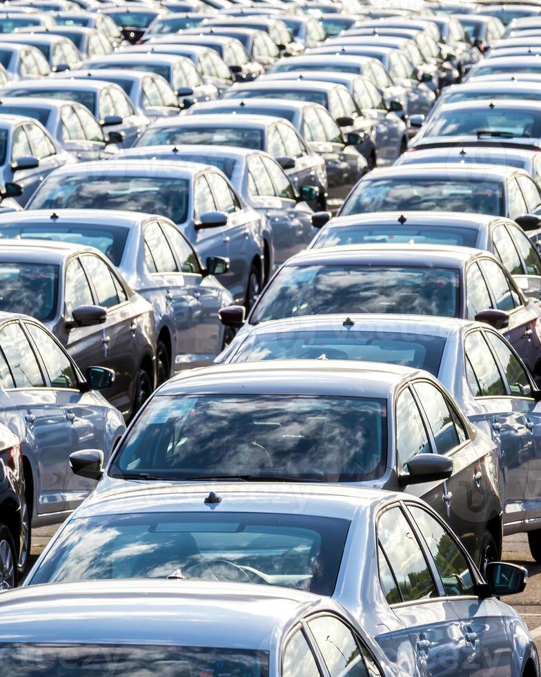 Rows of a new cars parked in a distribution center on a car factory on a sunny day. photo