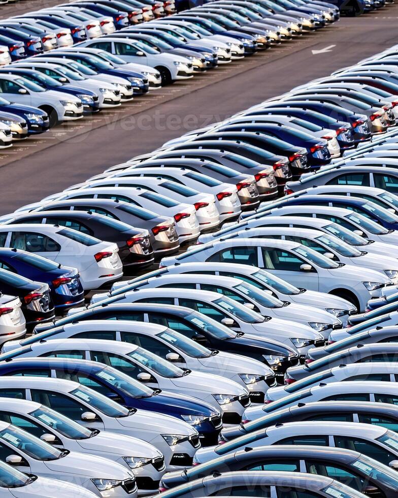 Rows of a new cars parked in a distribution center on a car factory on a sunny day. photo