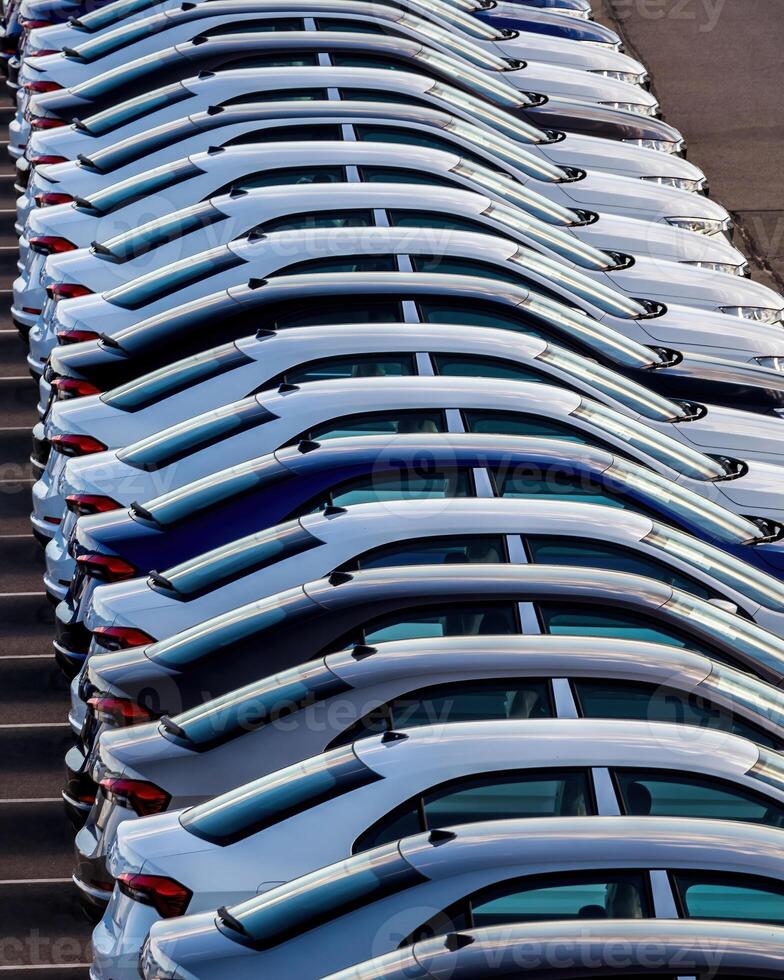 Rows of a new cars parked in a distribution center on a car factory on a sunny day. photo
