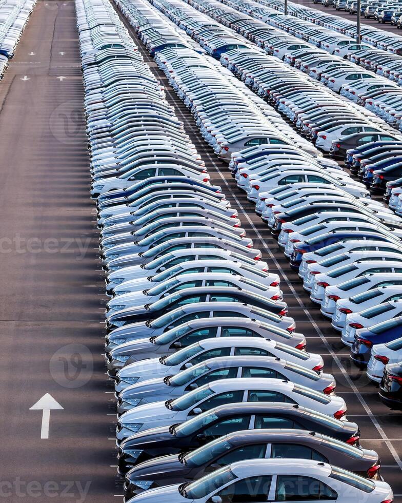 Rows of a new cars parked in a distribution center on a car factory on a sunny day. photo