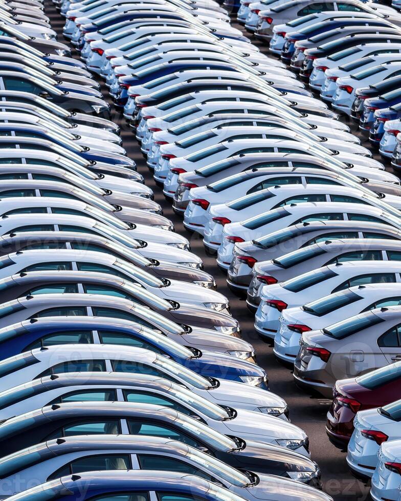 Rows of a new cars parked in a distribution center on a car factory on a sunny day. photo