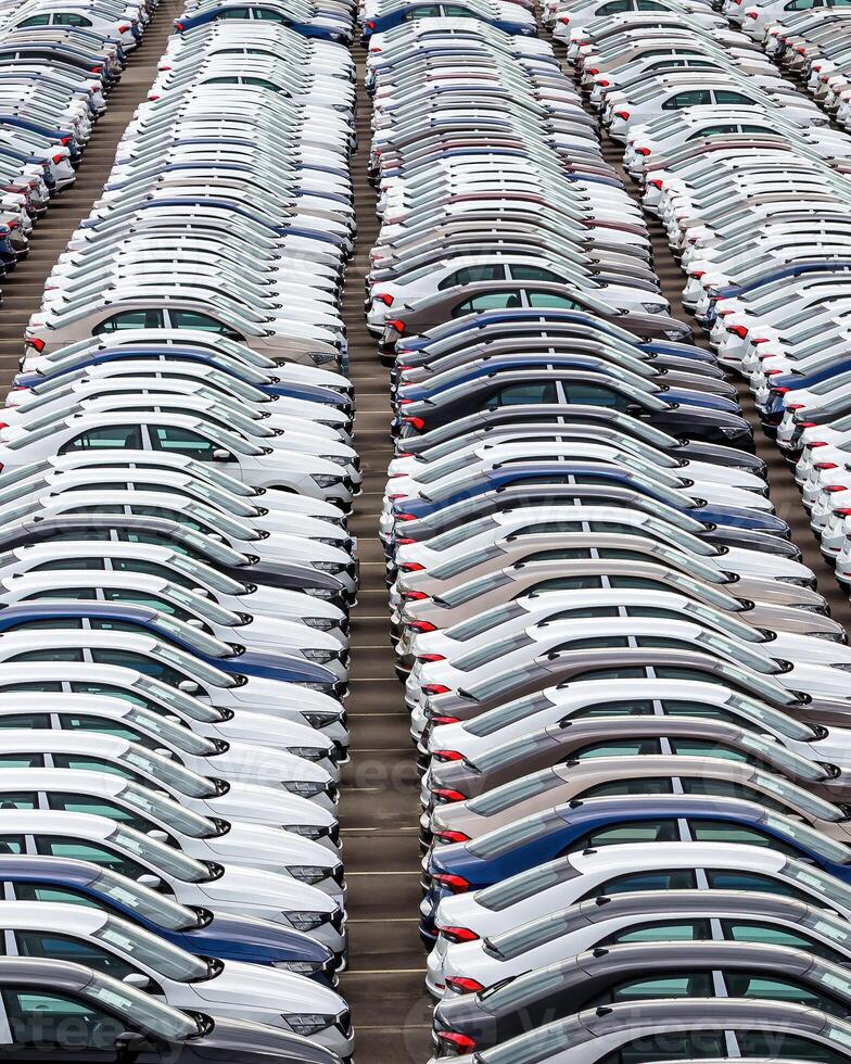 Rows of a new cars parked in a distribution center of a car factory. photo