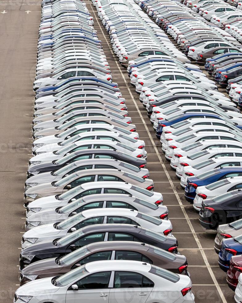 Rows of a new cars parked in a distribution center of a car factory. photo
