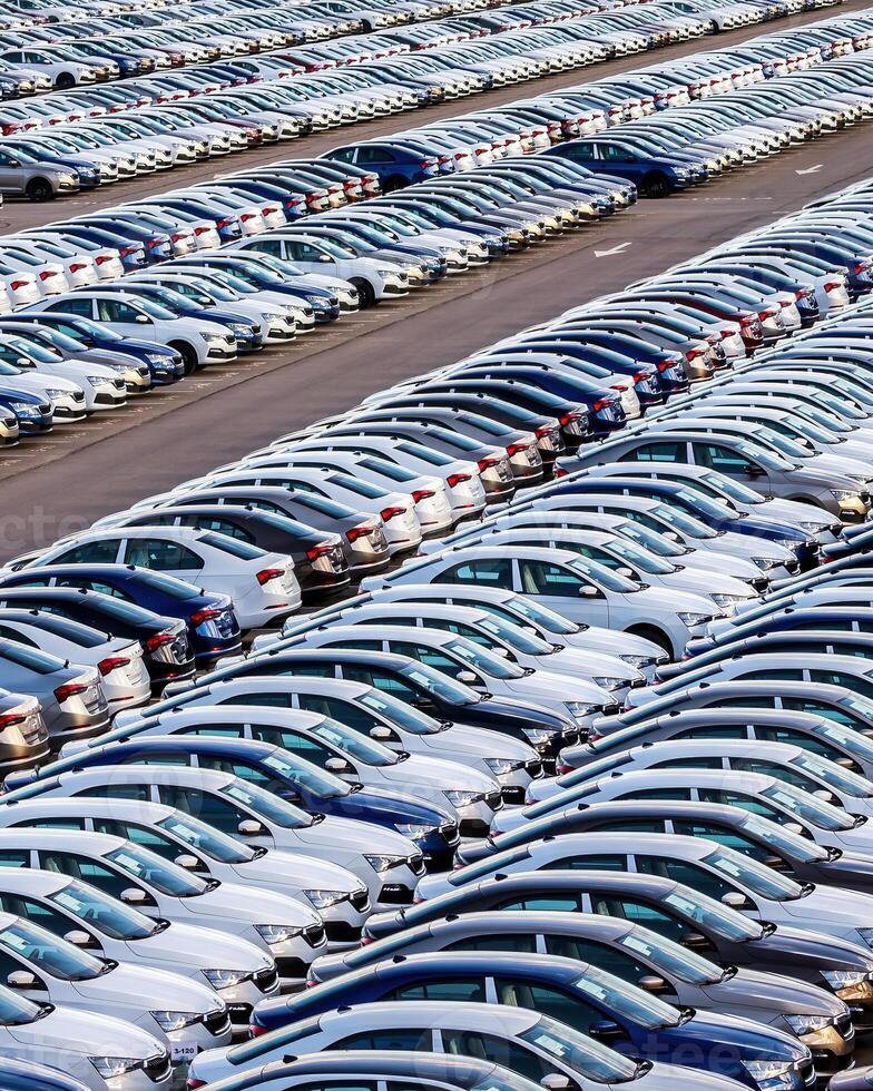 Rows of a new cars parked in a distribution center on a car factory on a sunny day. photo