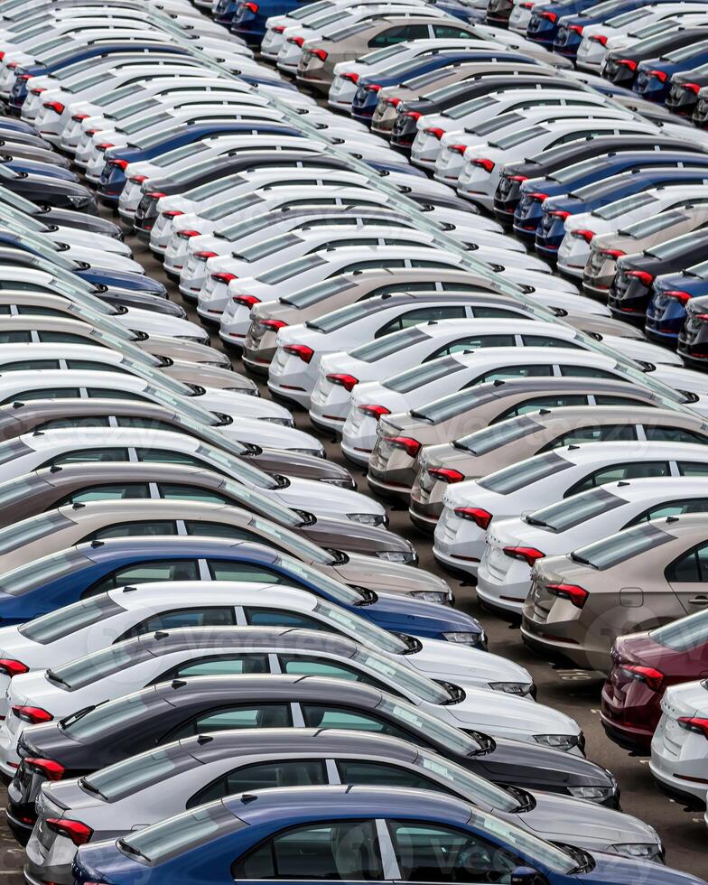 Rows of a new cars parked in a distribution center of a car factory. photo