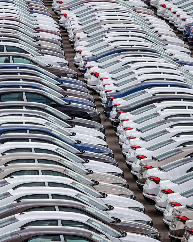 Rows of a new cars parked in a distribution center of a car factory. photo