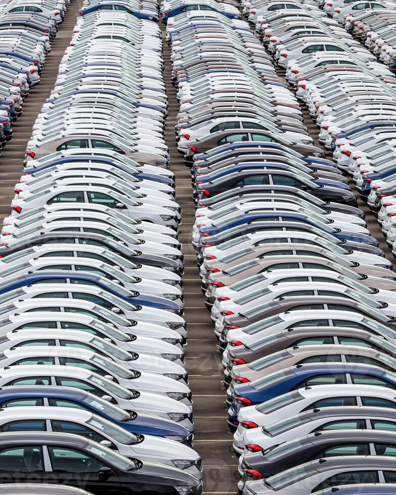 Rows of a new cars parked in a distribution center of a car factory. photo