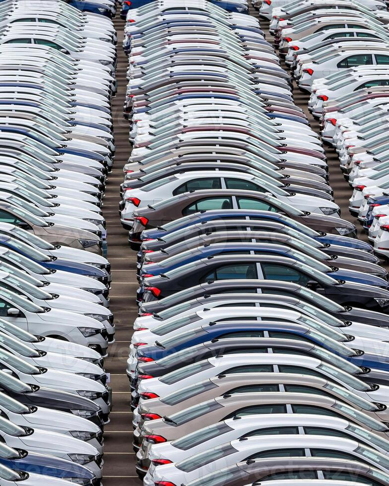 Rows of a new cars parked in a distribution center of a car factory. photo