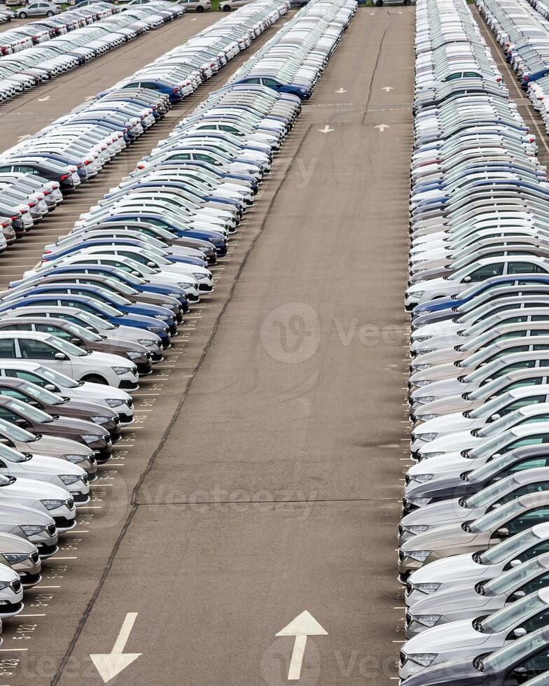 Rows of a new cars parked in a distribution center of a car factory. photo