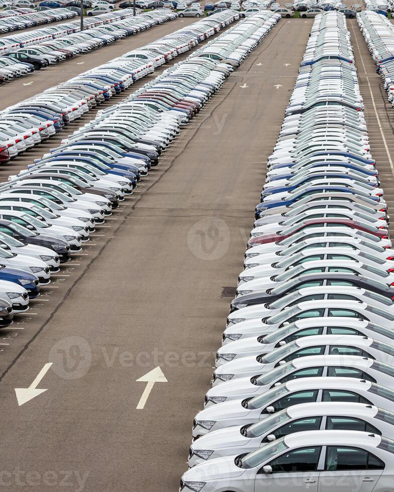 Rows of a new cars parked in a distribution center of a car factory. photo