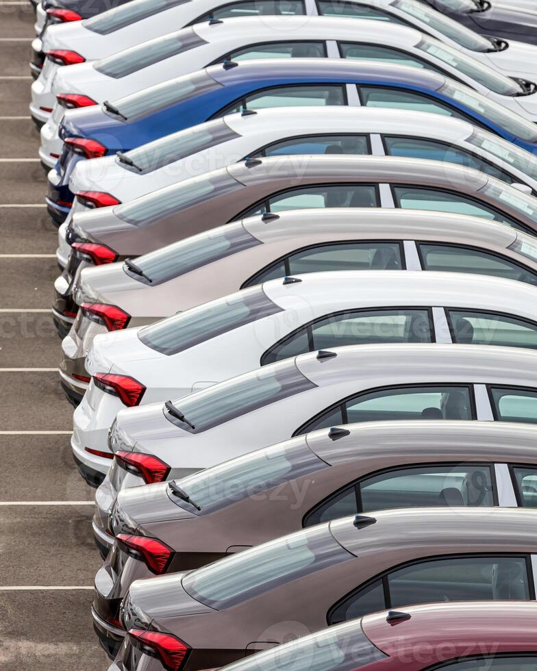 Rows of a new cars parked in a distribution center of a car factory. photo