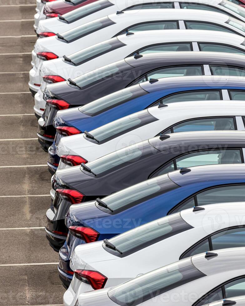 Rows of a new cars parked in a distribution center of a car factory. photo