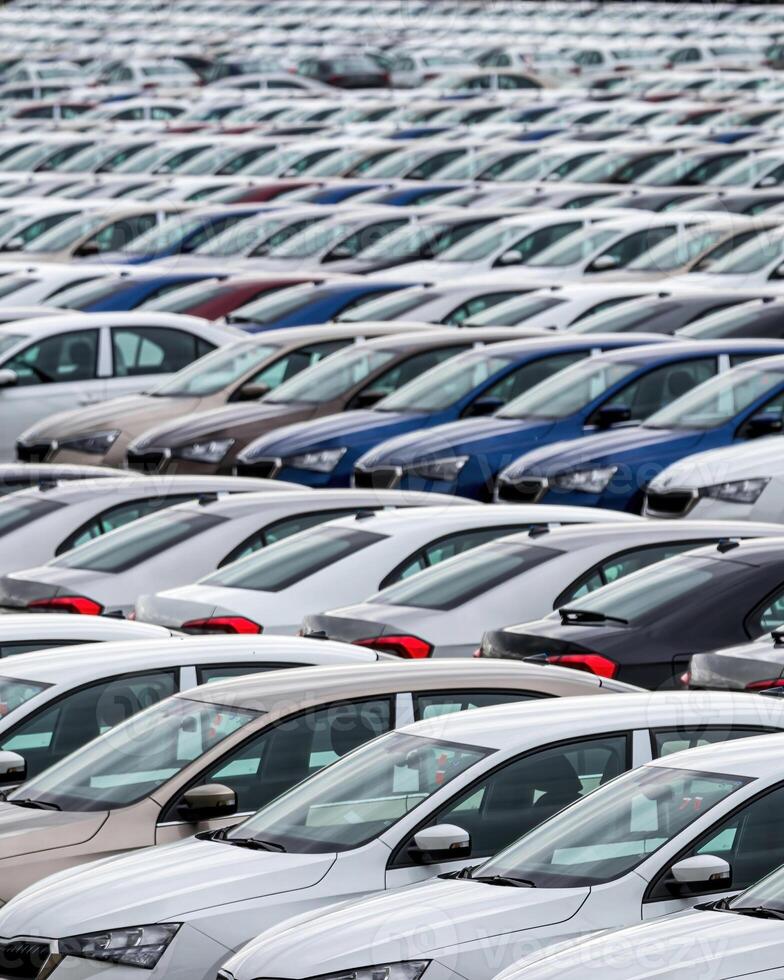 Rows of a new cars parked in a distribution center of a car factory. photo