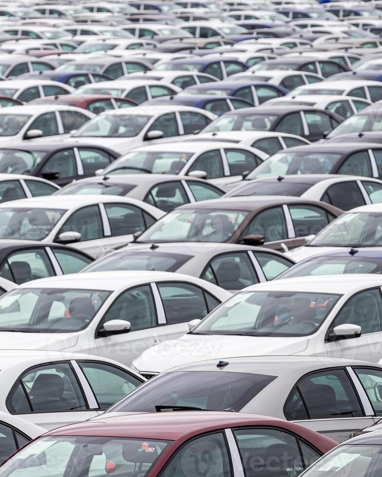 Rows of a new cars parked in a distribution center of a car factory. photo