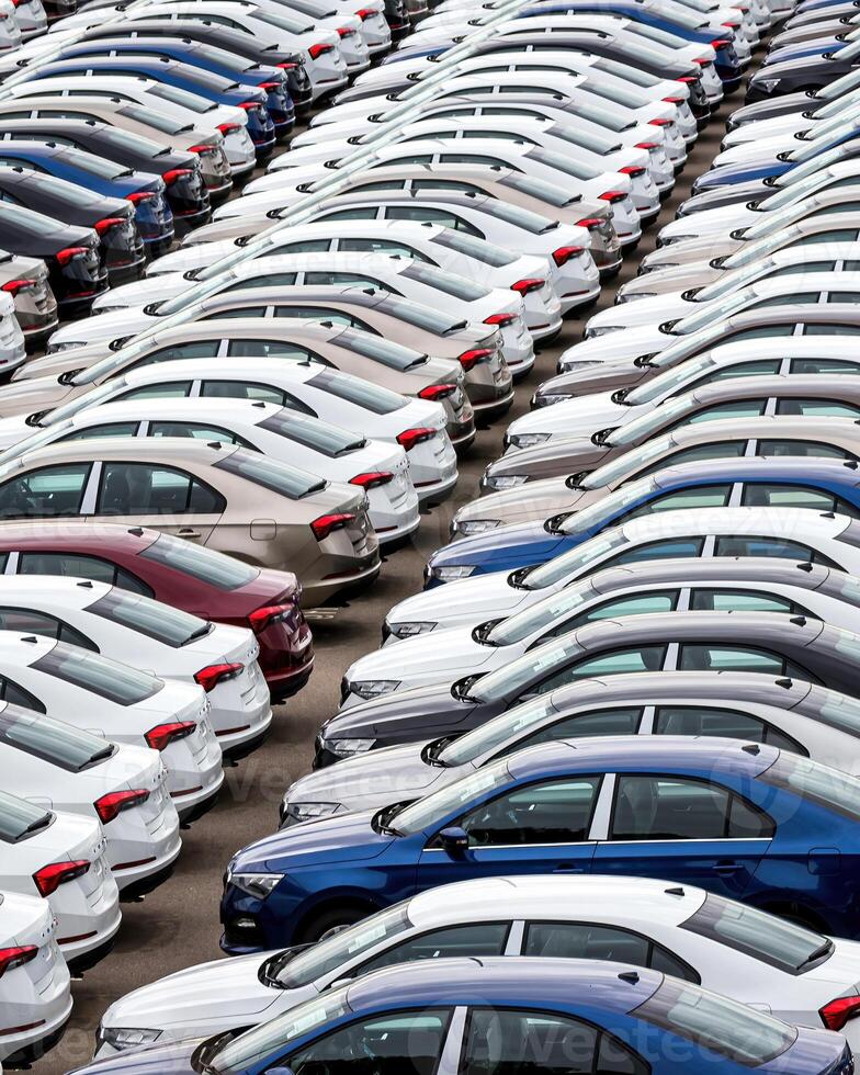 Rows of a new cars parked in a distribution center of a car factory. photo