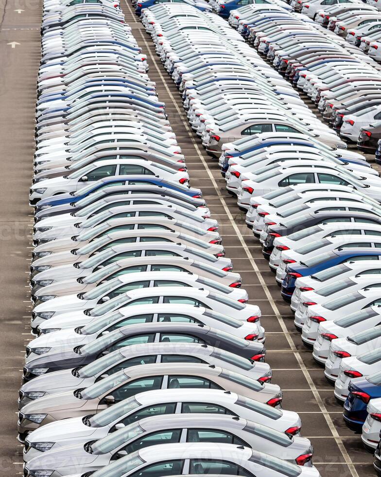 Rows of a new cars parked in a distribution center of a car factory. photo